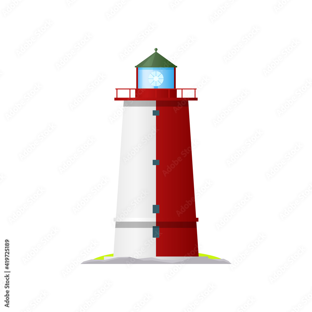 Lighthouse, coast night sign, light house or sea beacon, vector coastal port tower. Beach and harbor guide safe radar icon, seaport travel vintage building with lamp for nautical ocean navigation