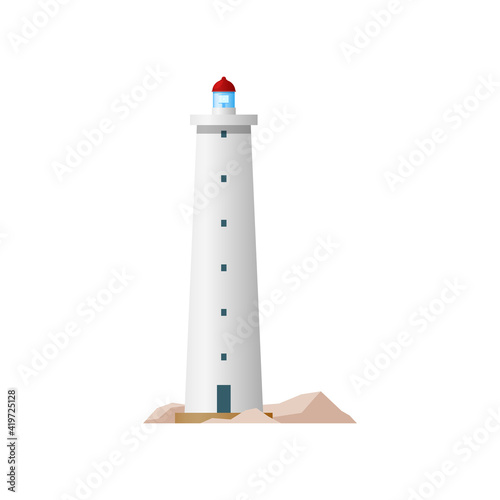 Lighthouse sea beacon tower with light, nautical searchlight, vector isolated. Ocean ship navigation coast signal lighthouse or marine and ship sailing direction beam light on cliff