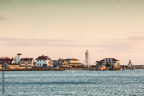 USA, Massachusetts, Nantucket Island. Nantucket Town, harborfront and US Coast Guard Station Brant Point.