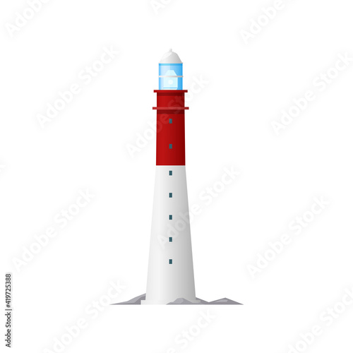 Lighthouse or beacon tower, nautical sea light and searchlight, vector coast light house. Port guide and harbor radar isolated icon, safe marine navigation and sailing direction signal