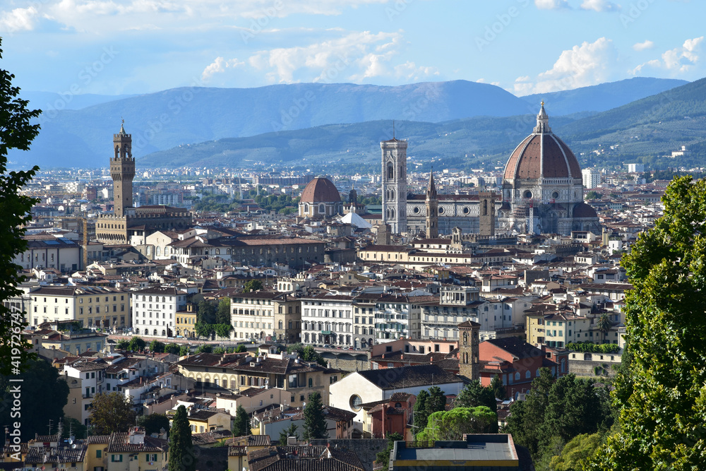 View of Palazzo Vecchio and Cathedral of Santa Maria del Fiore in Florence, Italy.