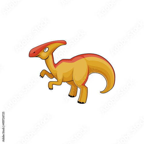 Dino with crest on skull, parasaurolophus in orange color isolated cartoon dinosaur icon. Vector dinosaur extinct animal, herbivorous ornithopod walkeri dino, extinct prehistoric creature