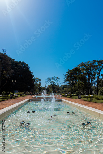 Water fountain in rosedal park argentina under a blue sky
