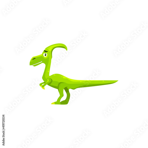 Dinosaur parasaurolophus skull with crest isolated kids toy robot. Vector parasaurolophus in green color, extinct animal. Herbivorous ornithopod dinosaur, walkeri dino, extinct prehistoric creature