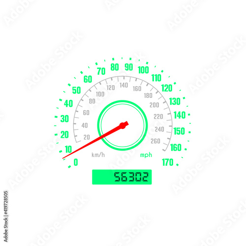 Speedometer, car gauge with scale speed, auto dial km or kilometer odometer, vector dashboard gage. Motor races board counter or gear panel with red arrow indicator