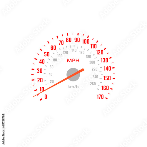 Speedometer, car gauge scale speed with mph dial, vector dashboard odometer. Car speed gage board with miles per hour and km counter arrow, vehicle and automobile gear panel