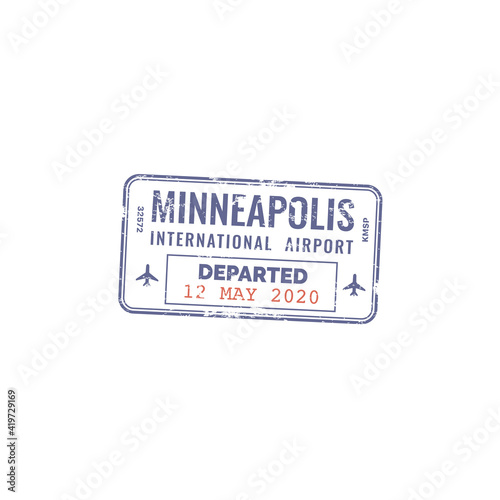 Stamp, passport travel visa of USA America, vector US international airport immigration and arrival border control square stamp with date, USA Minneapolis city airport code