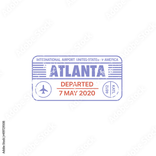 Passport stamp, travel customs visa, USA Atlanta, America international airport vector square frame. USA immigration border control departure ink sign with city airport code