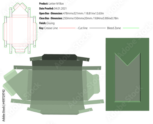 Letter M Box packaging design template die cut - vector.