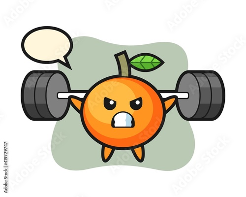 Mandarin orange mascot cartoon with a barbell