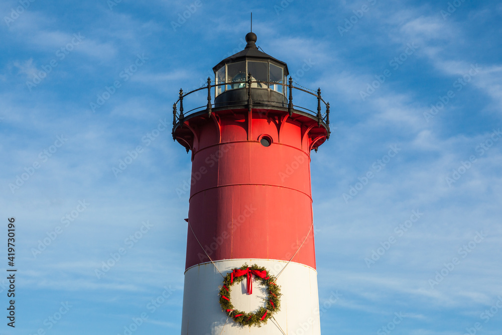 USA, Massachusetts, Cape Cod, Eastham. Nauset Light with Christmas wreath