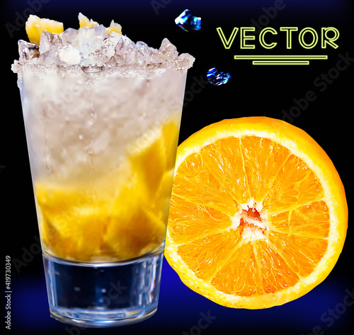 Cocktail glass with orange fruit slices and ice. Realistic vector alcohol citrus juice.