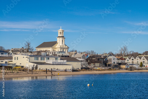 USA, Massachusetts, Cape Cod, Provincetown. Harbor view with Provincetown Library