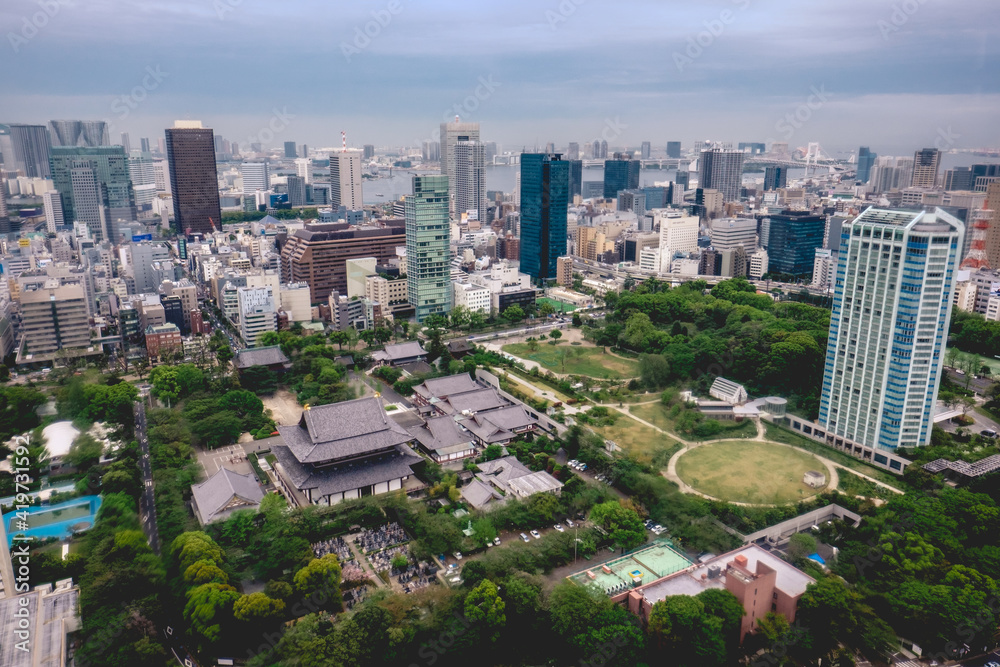 Panoramic view of Tokyo skyline, the bay and Zojoji Temple from Tokyo Tower Observation Deck, Japan
