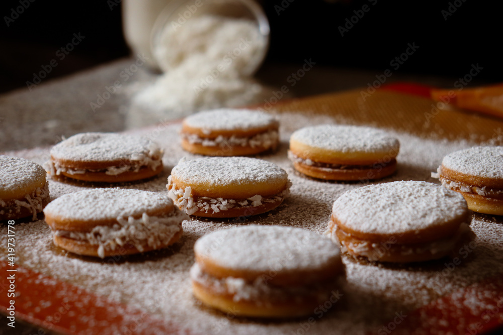 Alfajores pastry sweet, cookies with sugar and coconut Alfajores pastry sweet, cookies with sugar and coconut