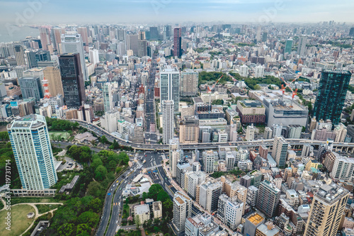 Panoramic view of Tokyo skyline  highways  and traffic from Tokyo Tower Observation Deck  Japan