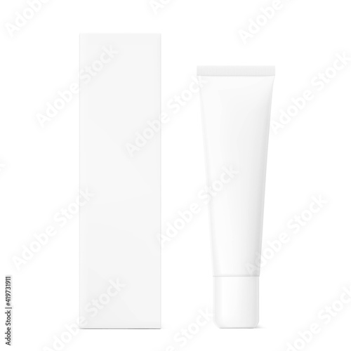 Blank plastic tube mockup with box. Vector illustration isolated on white background. Can be use for your design, advertising, promo and etc. EPS10.	
