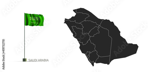 Saudi Arabia map. gray national vector map, and flag 3d illustration.