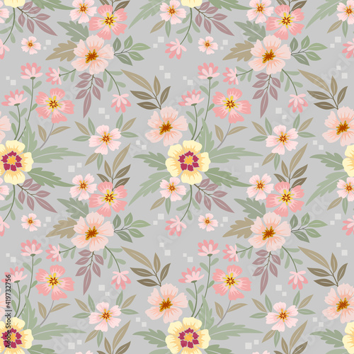 Abstract floral seamless pattern design. Flowers and leaves on grey background.