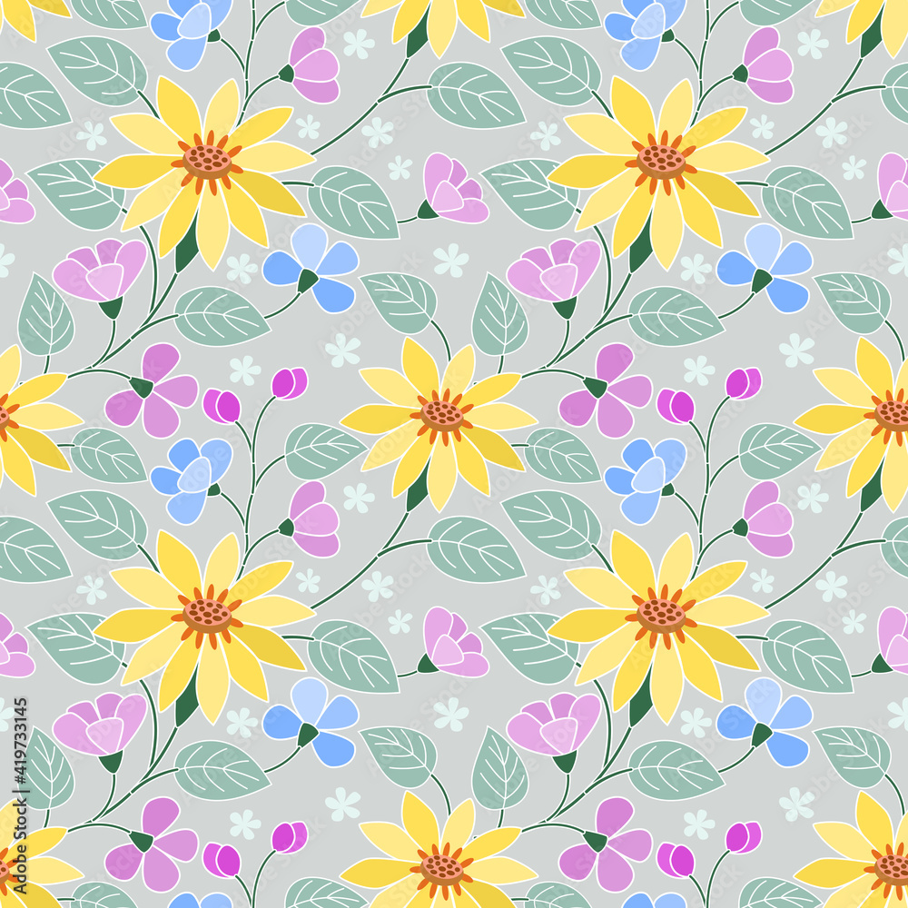 Abstract floral seamless pattern design. Flowers and leaves on grey background. Abstract floral seamless pattern design. Flowers and leaves on grey background.