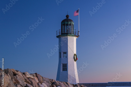 USA, Massachusetts, Scituate, Scituate Lighthouse at dusk.