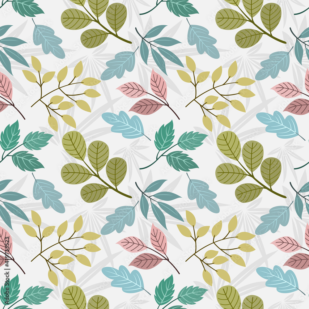 Abstract leaf seamless pattern design. Colorful leaves on grey background. Abstract leaf seamless pattern design. Colorful leaves on grey background.