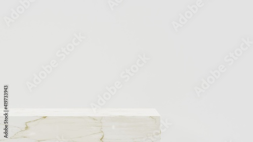 Minimalist white pedestal for product showcase. Geometric shapes.Marble texture. Empty stage. 3d render illustration
