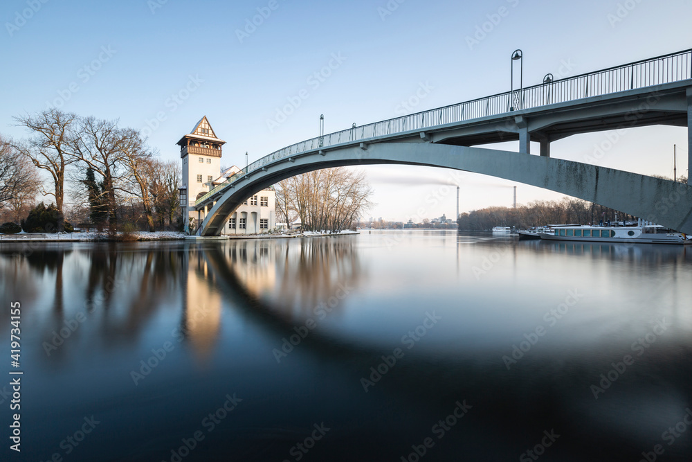 Germany, Berlin, Abteibrucke, River and bridge on winter day Germany, Berlin, Abteibrucke, River and bridge on winter day