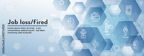 Job Loss, Downsizing, Getting Fired, Unemployment due to Covid 19 or Coronavirus Icon Set Web Header Banner