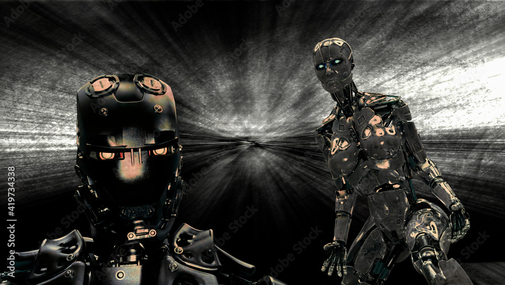Fototapeta premium Metallic cyborg and robot on black background