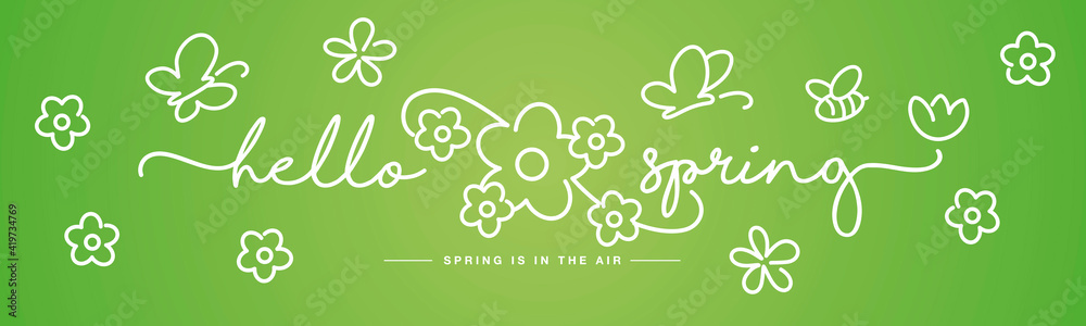 Hello Spring handwritten typography lettering spring is in the air with  white flowers, butterflies and bee on green background drawing in line design