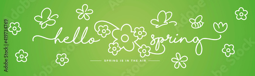 Hello Spring handwritten typography lettering spring is in the air with  white flowers, butterflies and bee on green background drawing in line design