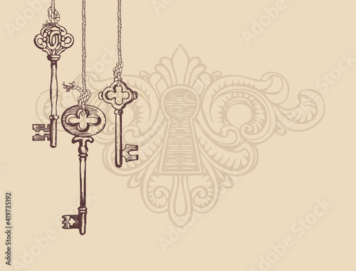 Vintage banner or background with an old keys and keyhole on a light backdrop. Vector illustration in retro style with a hand-drawn old keys hanging on a string and place for text