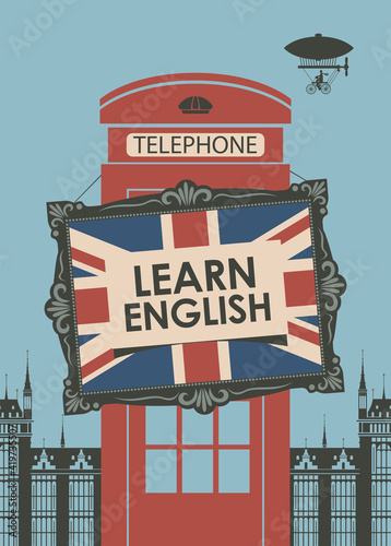 Vector banner on the topic of learning English for language schools or online courses. Flat style illustration in with a red London telephone booth, the British flag and the inscription Learn english