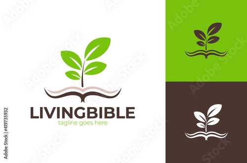Living Bible church logo. Church logo sign with leaf nature modern vector graphic abstract.