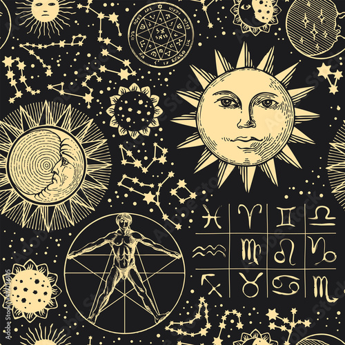 Seamless pattern with zodiac signs, horoscope symbols, sun, moon, stars, constellations and human figure like Vitruvian man on a black backdrop. Vector hand-drawn background in retro style © paseven