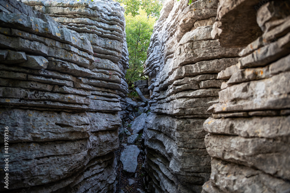 Greece, Epirus, Zagori, Pindos Mountains, Vikos National Park, Passage between rock formations Greece, Epirus, Zagori, Pindos Mountains, Vikos National Park, Passage between rock formations