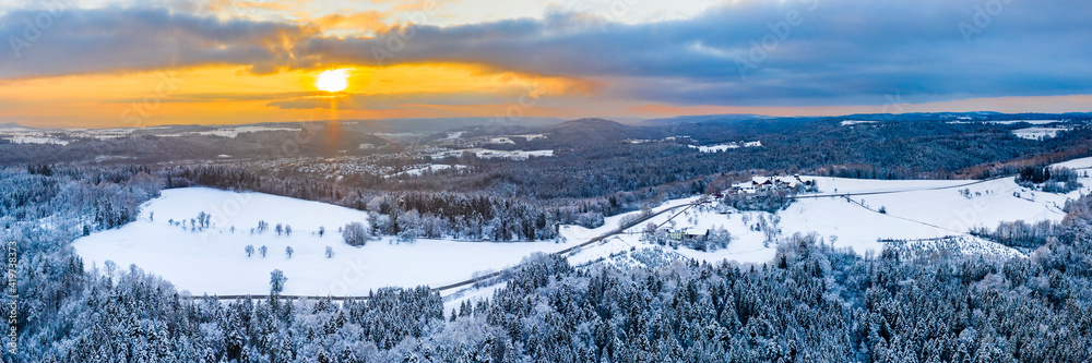 Drone panorama of forested Remstal valley at winter sunset Drone panorama of forested Remstal valley at winter sunset