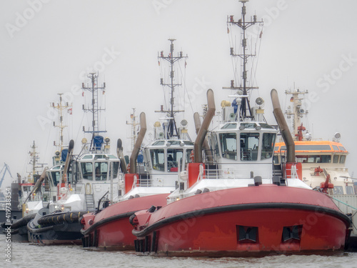 Germany, Hamburg, Row of tugboats moored in harbor photo