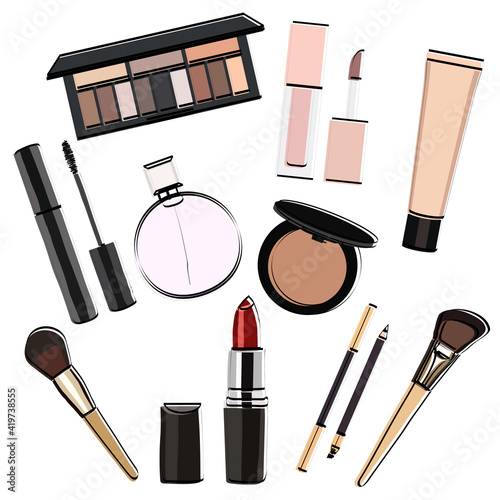 Makeup set silhouette. Face accessory. Cosmetics. Vector illustration.