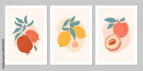Hand drawn set abstract boho poster with tropical fruit lemon, pomegranate, peach isolated on beige background. Vector flat illustration. Design for pattern, logo, posters, invitation, greeting card