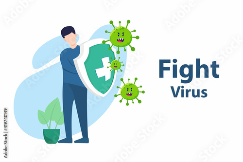 Vector illustration fight covid-19 corona virus. cure corona virus. people fight virus concept. corona viruses vaccine concept. end of 2019-ncov. don't be afraid of the corona virus concept.