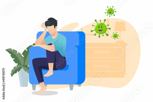 staying at home with self quarantine to help slow outbreak and protect virus spread. a man wearing medical mask and self isolation in his home with restricted area alert sign. vector illustration