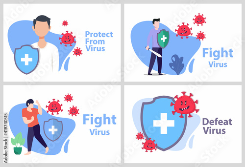 Set Vector illustration fight covid-19 corona virus. cure corona virus. people fight virus concept. corona viruses vaccine concept. end of 2019-ncov. don't be afraid of the corona virus concept.