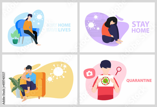 Set Corona virus - staying at home (self-isolation). Home Quarantine illustration. Corona virus self-quarantine. Isolation period at home. Self-isolation shield from 2019-ncov. Vector.