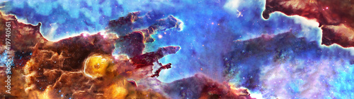 Fototapeta Naklejka Na Ścianę i Meble -  Somewhere in space near Pillars of creation. Ultra wide space wallpaper. Science fiction. Elements of this image were furnished by NASA