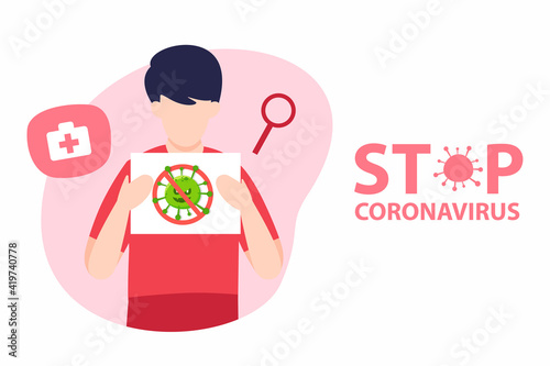 Stop coronavirus. Coronavirus outbreak vector illustratin. Pandemic medical concept with dangerous cells. Human in respirator and protective clothing with a hand up.