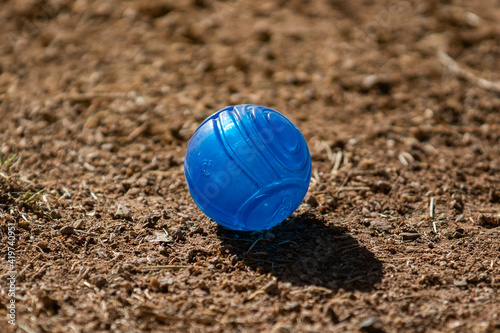 a blue ball laying in the dirt