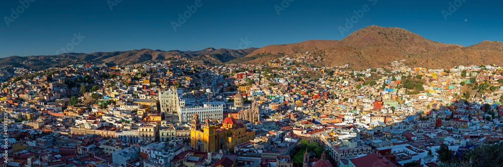 Large size aerial panorama of Guanajuato city at sunset, Mexico.