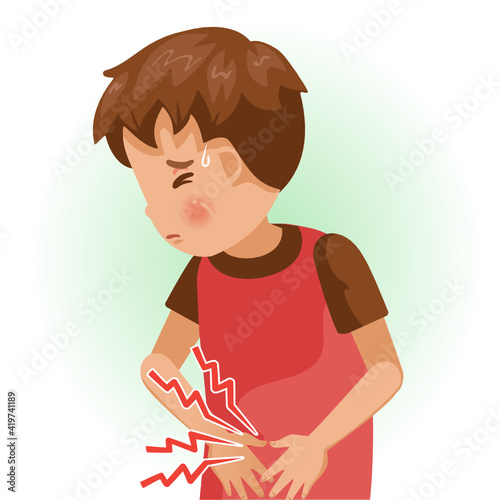 abdominal pains or sore. The boy is sick, Sick person and feeling bad. 